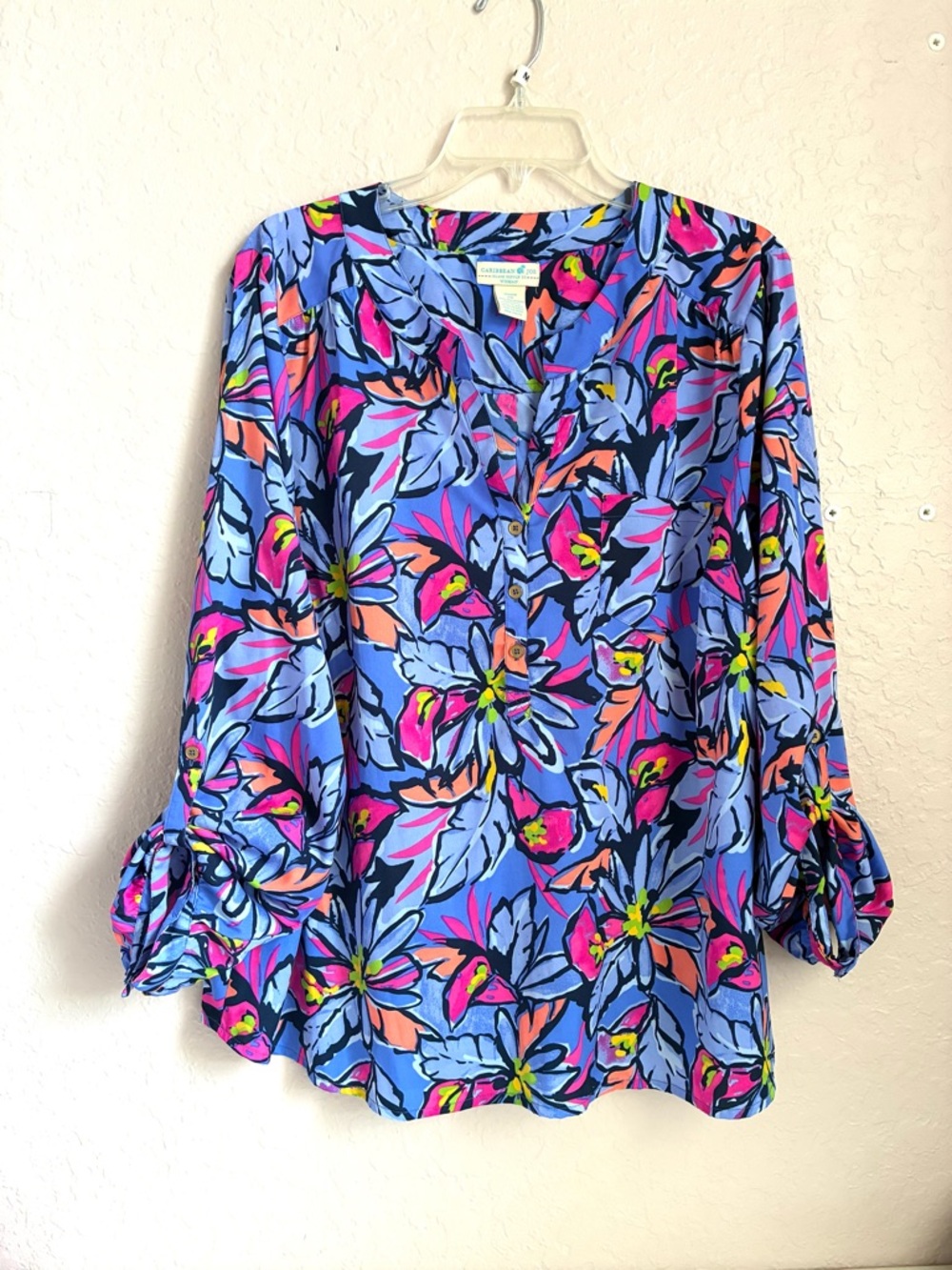 Caribbean Joe Tropical Top Womens 2X Blue Pink Roll Tab Sleeve Option Beach